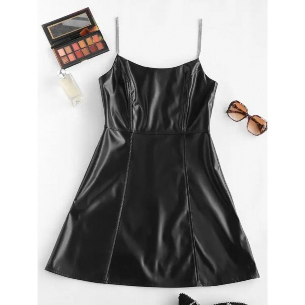 🧚‍♀️  3/$40 NEW Zaful Faux Leather Chain Strap Zip Black Cami Dress Size 6
